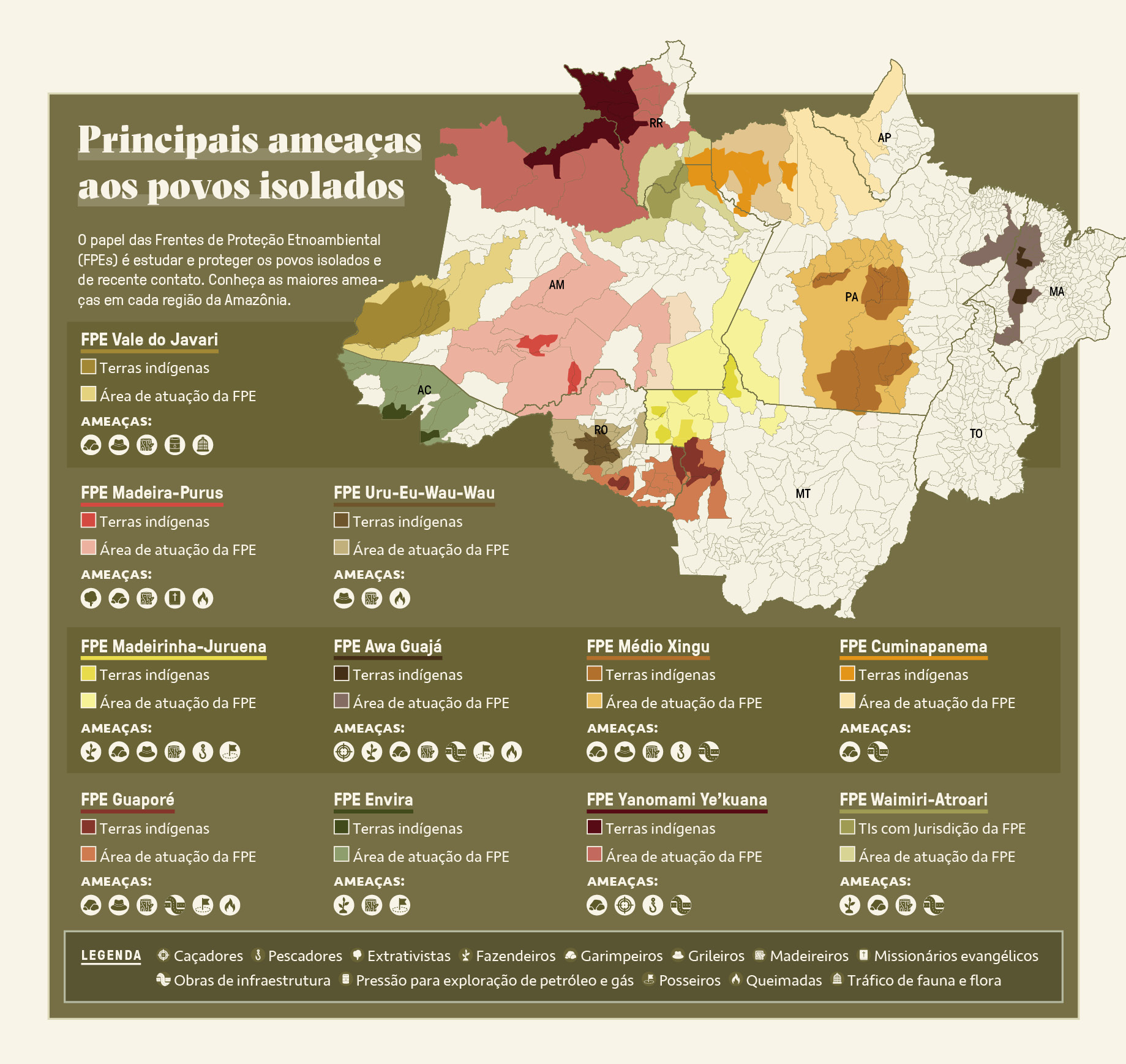 Mapa, em fundo verde oliva, da região amazônica, com as principais ameaças sobre os povos isolados no Brasil.