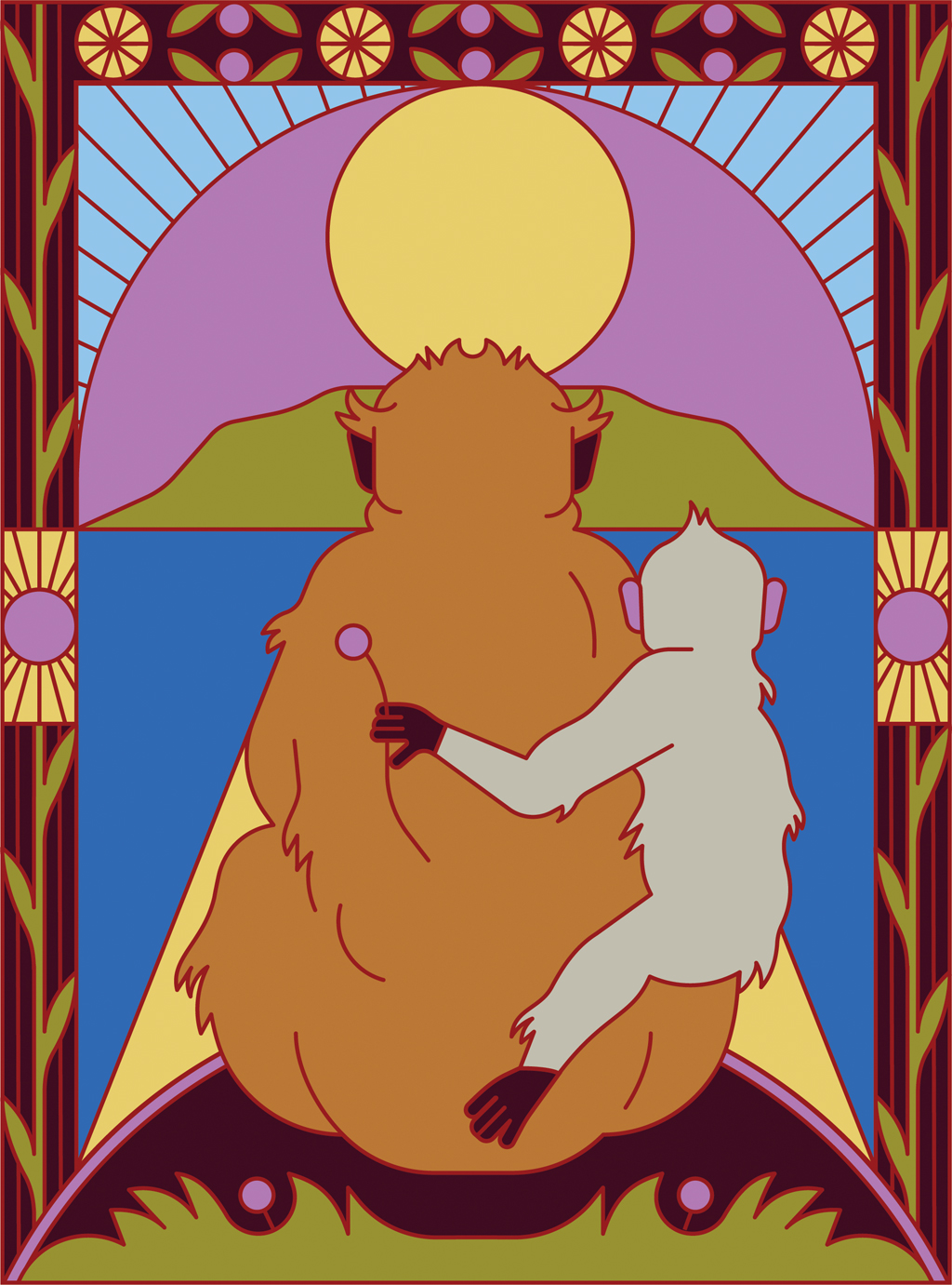Ilustração, em fundo lilás, de conotação religiosa zen budista, de dois macacos assistindo ao pôr-do-sol.