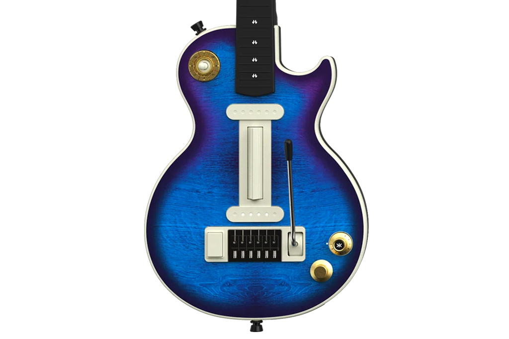 SI_474_Tech_Gibson_CRKD Imagem, em fundo branco, de uma guitarra azul utilizada em jogos de vídeo game Guitar Hero.