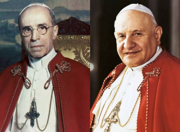 Fotografia do Pio XII e João XXIII, papas sequenciais que diferiam tanto na constituição como nas ênfases teológicas.