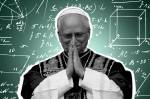 Fotografia do Papa Leão XIV em fundo verde com cálculos matemáticos.