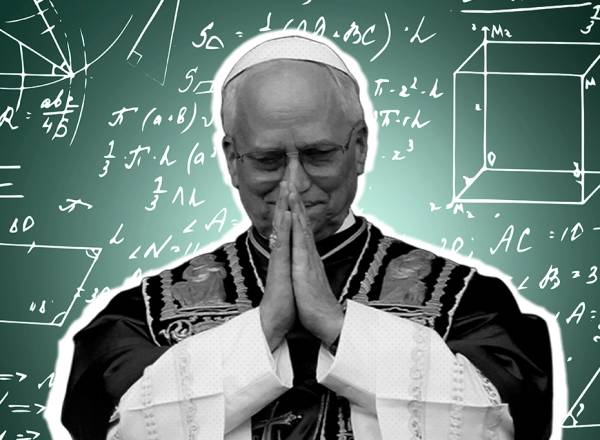 Fotografia do Papa Leão XIV em fundo verde com cálculos matemáticos.