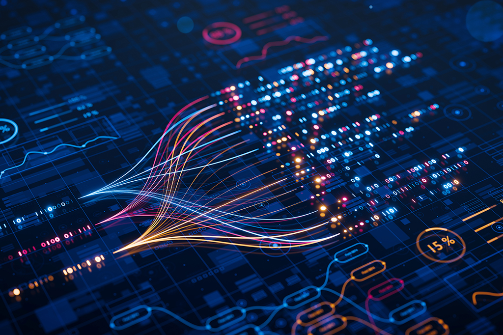 Imagem de análise de big data e os fluxos de trabalho de automação, apresentando redes neurais e fluxos de dados para os negócios.