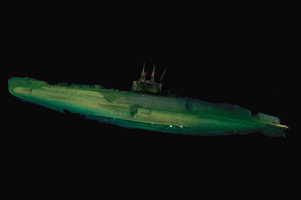 Fotografia da reconstrução fotogramétrica do submarino USS F-1 no fundo do mar a oeste de San Diego, Califórnia. Imagem de Zoe Daheron