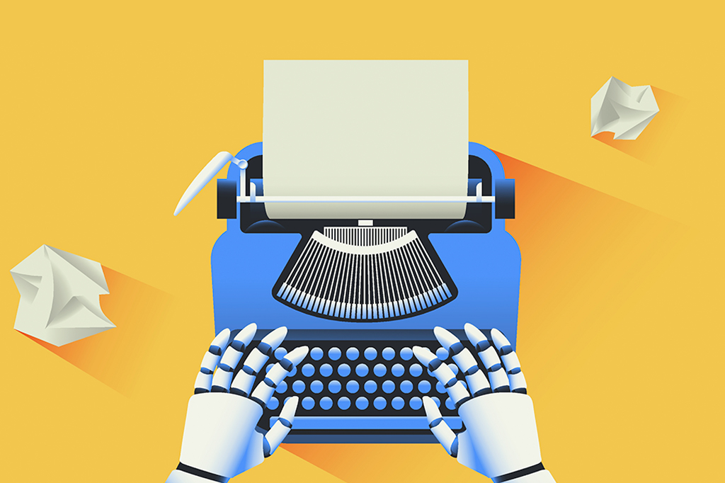 Ilustração de Robô digitando em uma ilustração de máquina de escrever.