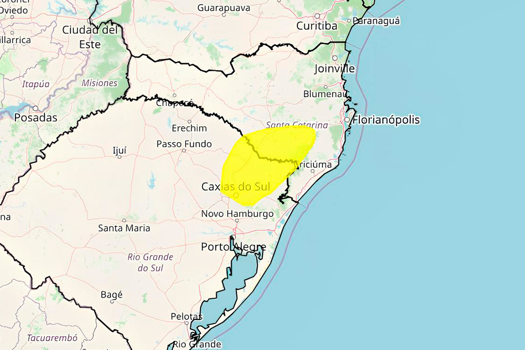 Imagem de um mapa onde mostra as regiões entre Santa Maria e Santa Catarina onde esta o alerta.