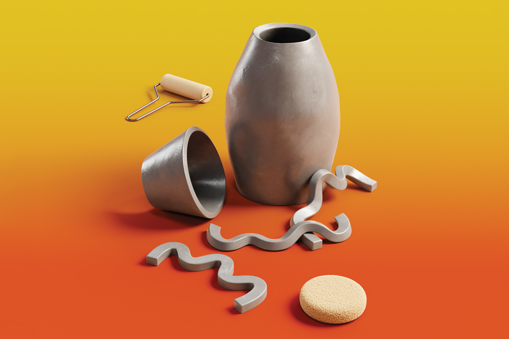 SI_475_Adolescência_2 Imagem, em fundo degradê amarelo-laranja, de um vaso de argila quase finalizado. Ao lado, algumas ferramentas de arte.