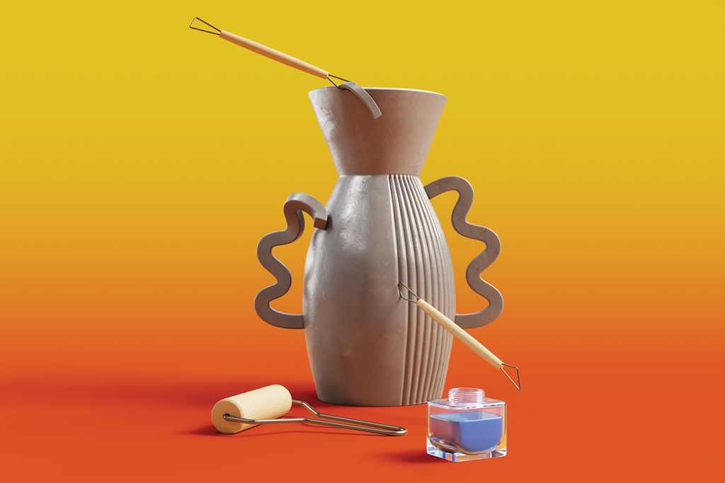 SI_475_Adolescência_4 Imagem, em fundo degradê amarelo-laranja, de um vaso de argila, recém modelado, texturizado com espátulas. Ao lado, um rolo de pintura e um vidro de tinta.