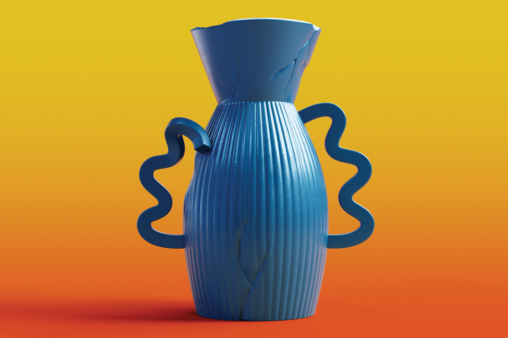SI_475_Adolescência_5 Imagem, em fundo degradê amarelo-laranja, de um vaso de argila pintado de azul.
