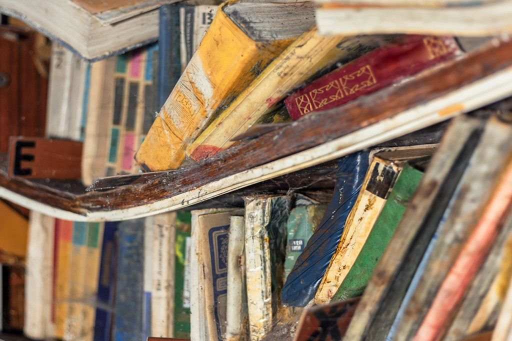 Imagem de uma prateleira curvada com livros velhos e úmidos em uma biblioteca abandonada.