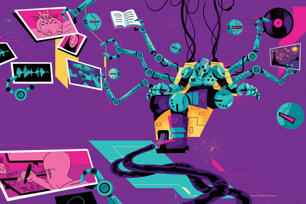 Ilustração, em fundo roxo, de um robô hostil, absorvendo diversas áreas do conhecimento humano. Seus sete braços articulados, seguram livros, quadros, discos e fotos.