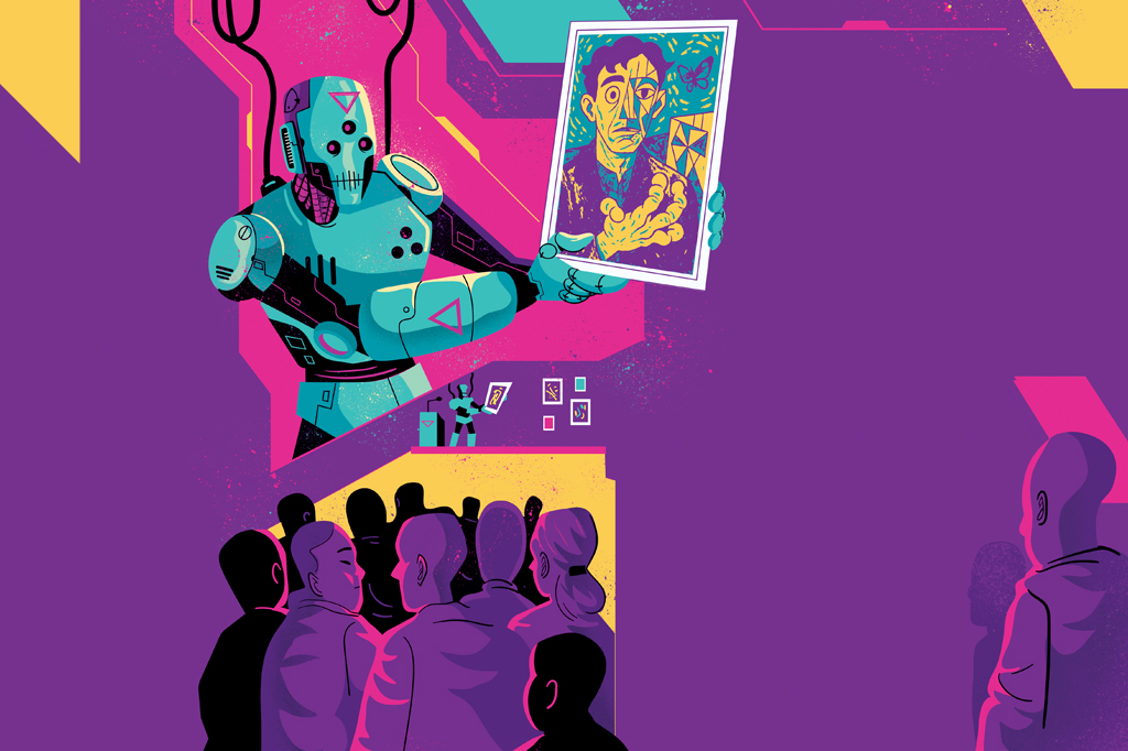 SI_475_Corsários_do_Silício_1 Ilustração, em fundo roxo, de um robô hostil, segurando um quadro enquanto é observado por um grupo de pessoas.