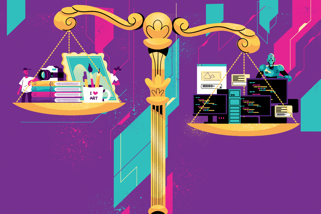 SI_475_Corsários_do_Silício_2 Ilustração, em fundo roxo, de uma balança gigante. Do esquerdo, duas pessoas se apoiam em três livros, uma máquina fotográfica, um quadro e uma caneca com lápis, caneta e pincel. Do lado direito, um robô controla diversos computadores.