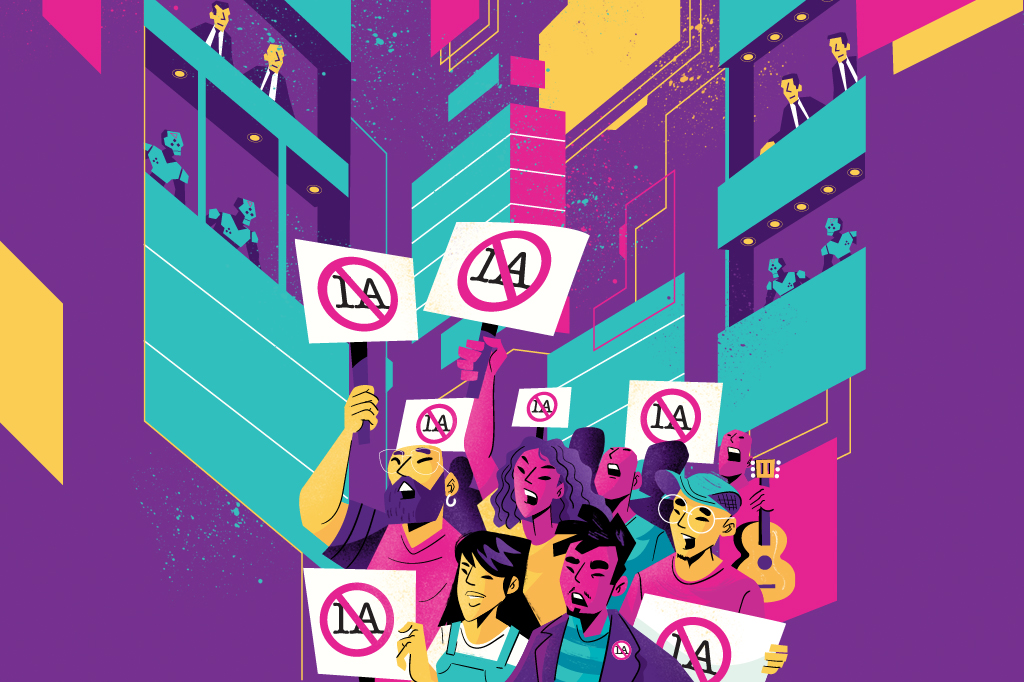 SI_475_Corsários_do_Silício_3 Ilustração, em fundo roxo, de um grupo de pessoas protestando contra a IA. Mais acima, robôs e executivos observam o protesto.