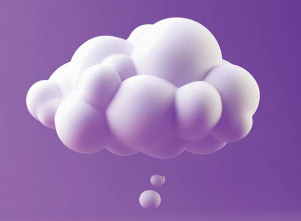 Ilustração, em fundo roxo, de uma nuvem, remetendo aos balões de pensamento das HQs.