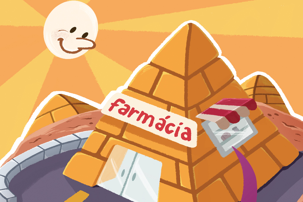 Ilustração cômica de três pirâmides do Egito. Na pirâmide em destaque, há uma placa escrito "Farmácia". Mais acima, um Sol sorridente.