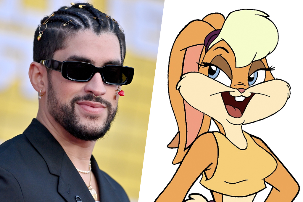 Image com fotomontagem do cantor Bad Bunny, sorrindo, usando óculos escuros e vestindo terno preto. Do lado direito, vê-se, a personagem de desenho animado Lola Bunny.