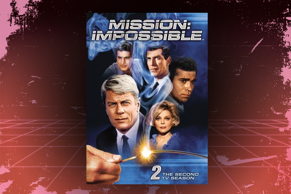 SI_475_Playlist_Abre_1 Imagem, em fundo vermelho texturizado, com cartaz da série de TV Missão: Impossível.