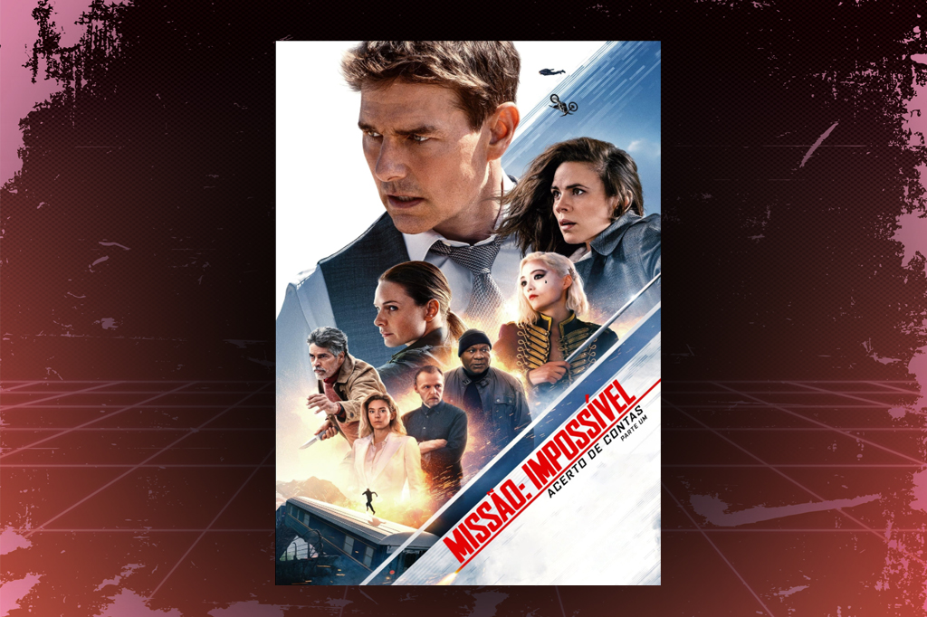SI_475_Playlist_Abre_4 Imagem, em fundo vermelho texturizado, com cartaz do filme Missão: Impossível 8.