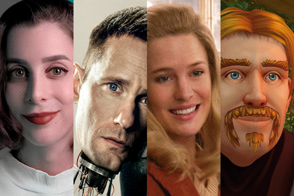 Montagem com cenas dos filmes: Futurices, Murderbot, Aqui e A Extraordinária Vida de Ibelin.