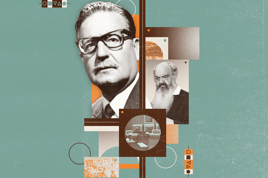 SI_476_Allende_1 Colagem, em fundo verde, de fotos do presidente chileno Salvador Allende, computadores e um senhor de barba branca.
