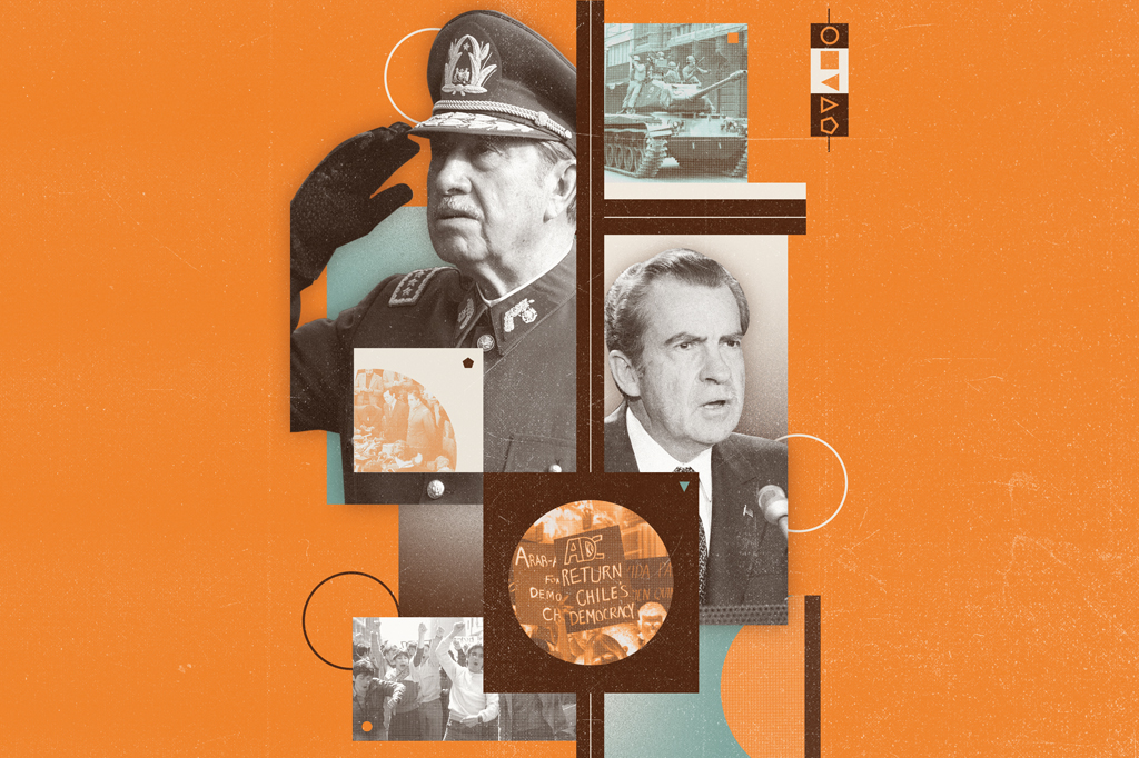 SI_476_Allende_2 Colagem, em fundo laranja, de fotos do General Pinochet, Richard Nixon, imagens de um protestos e um Tanque de Guerra.
