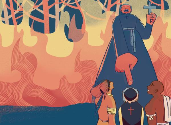 Ilustração, colorida, de um padre com semblante severo, segurando uma cruz nas mãos,apontando o dedo indicador para três pessoas.