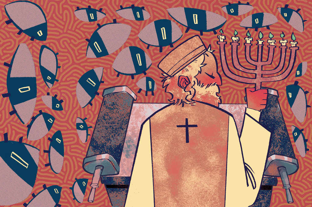SI_476_Inquisição_no_Brasil_1 Ilustração, colorida, de um rabino lendo o Torá e segurando um castiçal judaico.