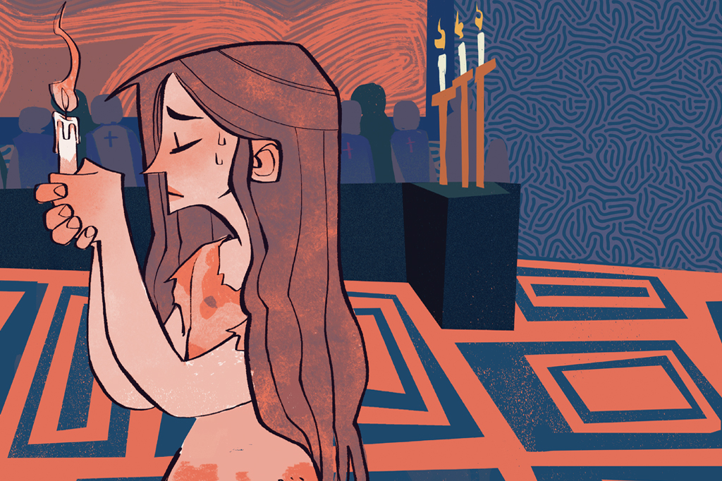 SI_476_Inquisição_no_Brasil_2 Ilustração, colorida, de uma mulher de cabelos compridos segurando uma vela, caminhando dentro de uma igreja.