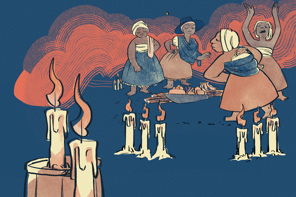 SI_476_Inquisição_no_Brasil_3 Ilustração, colorida, em fundo azul, de um ritual religioso de origem africana. Vê-se quatro mulheres reunidas diante de algumas oferendas e velas acesas no primeiro plano.