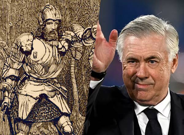 Imagem composta por uma litogravura de Sir Lancelot e uma foto de Carlo Ancelotti.