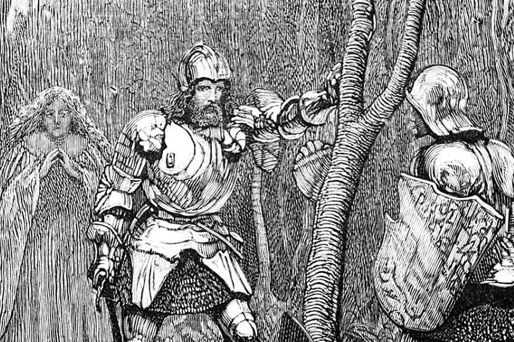 SI_476_Oráculo_Conexões_1_ Imagem em litogravura de Sir Lancelot caminhando pela floresta.