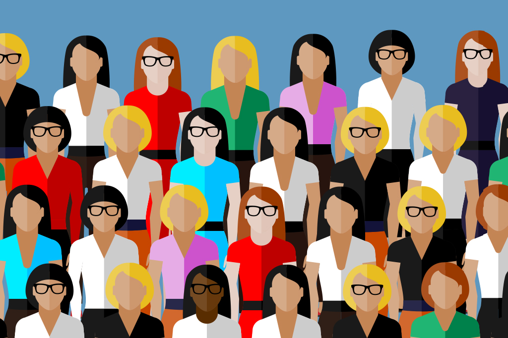 Ilustração, em fundo azul, de dezenas de mulheres reunidas.