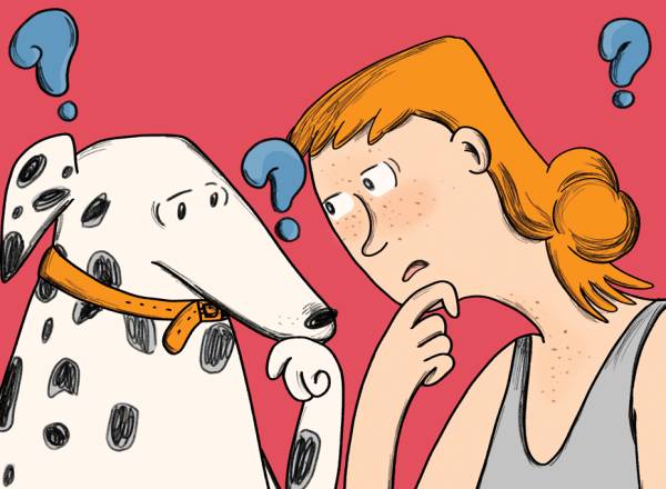 Ilustração cômica, em fundo avermelhado, com um cachorro e uma garota, se observando e em pose de dúvida. Três pontos de interrogação flutuam completando a cena.
