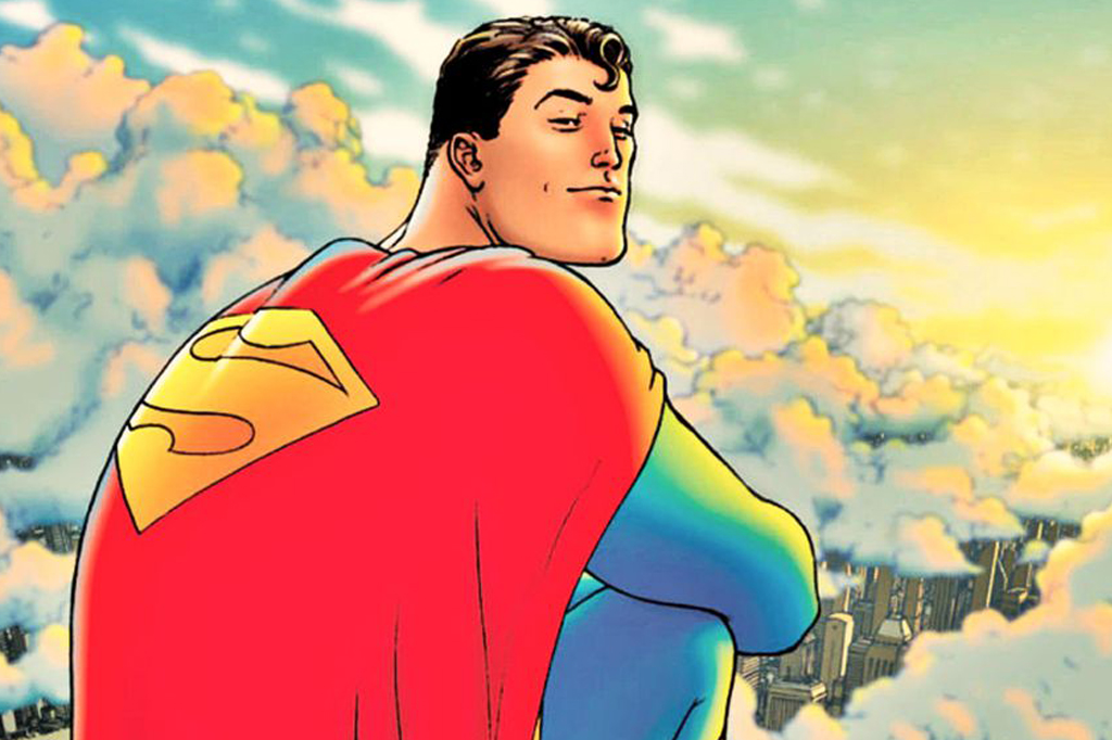 SI_476_Playlist_Abre_1 Ilustração do personagem Superman sentado nas nuvens observando Metrópolis.