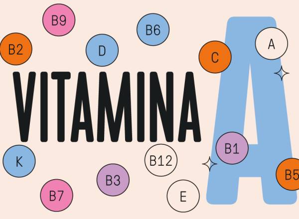 Ilustração, em fundo bege, com círculos coloridos representando moléculas de vitaminas. Ao fundo, lê-se Vitamina A.