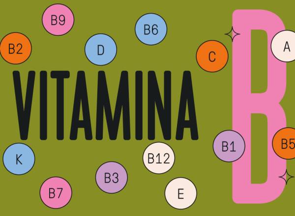 Ilustração, em fundo verde oliva, com círculos coloridos representando moléculas de vitaminas. Ao fundo, lê-se Vitamina B.