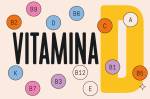 Ilustração, em fundo bege, com círculos coloridos representando moléculas de vitaminas. Ao fundo, lê-se Vitamina D.