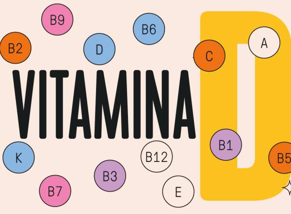 Ilustração, em fundo bege, com círculos coloridos representando moléculas de vitaminas. Ao fundo, lê-se Vitamina D.