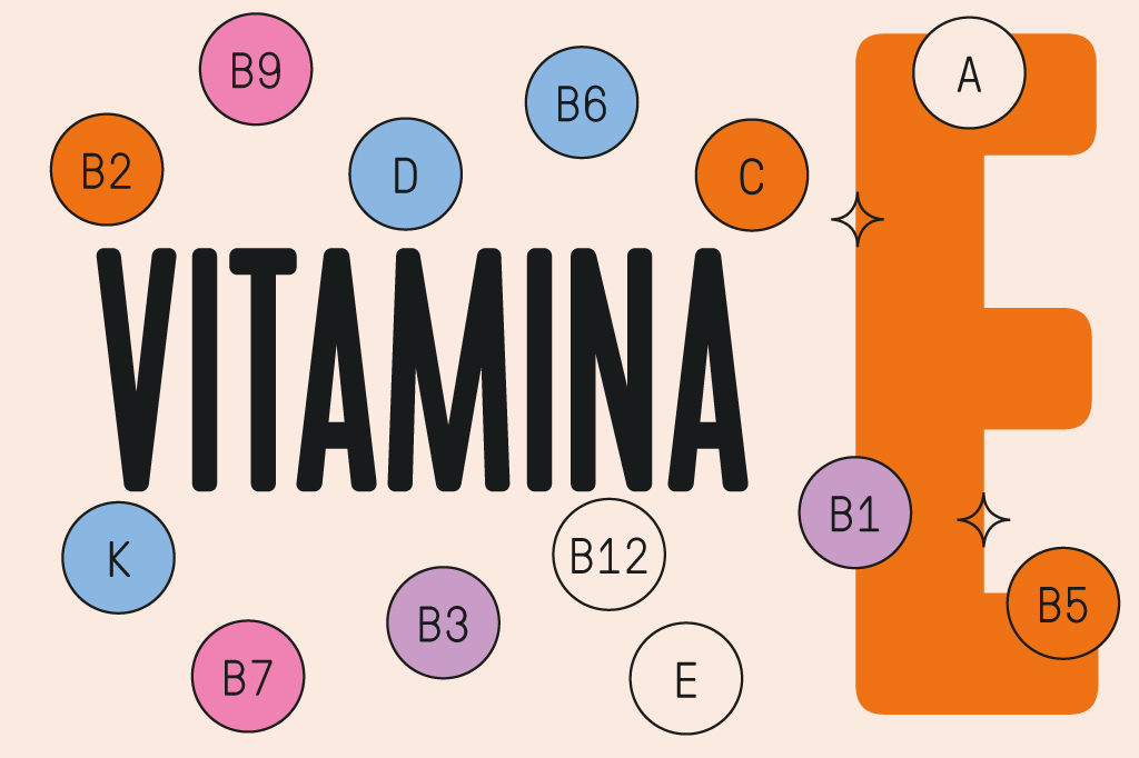 Ilustração, em fundo bege, com círculos coloridos representando moléculas de vitaminas. Ao fundo, lê-se Vitamina E.
