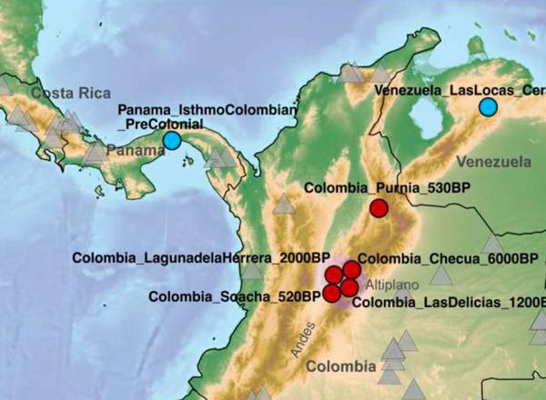 Mapa do contexto geográfico e temporal dos indivíduos antigos e modernos analisados.