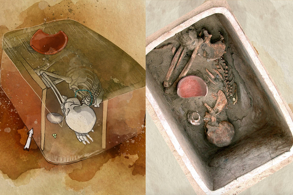 Ilustração e fotografia ds vista aérea do túmulo. O sepultamento contém os restos mortais de uma mulher adulta, enterrada em um caixão de terracota, adornado com um colar e um anel de tornozelo. Ela foi colocada em posição hipercontraída, com as mãos apoiadas no pescoço e a cabeça voltada para sudeste.