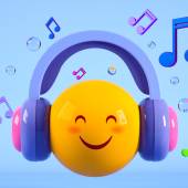 Imagem, em fundo azul claro, de um emoji feliz ouvindo música pelo headphone.