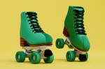 Imagem, em fundo amarelo, de um par de patins verdes.