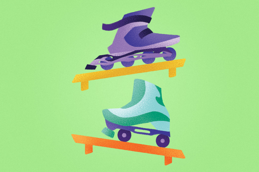 SI_477_Oráculo_Manual_1 Ilustração, em fundo verde, de dois tipos de patins.