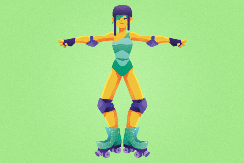 Ilustração, em fundo verde, de uma garota de frente patinando com os braços abertos.