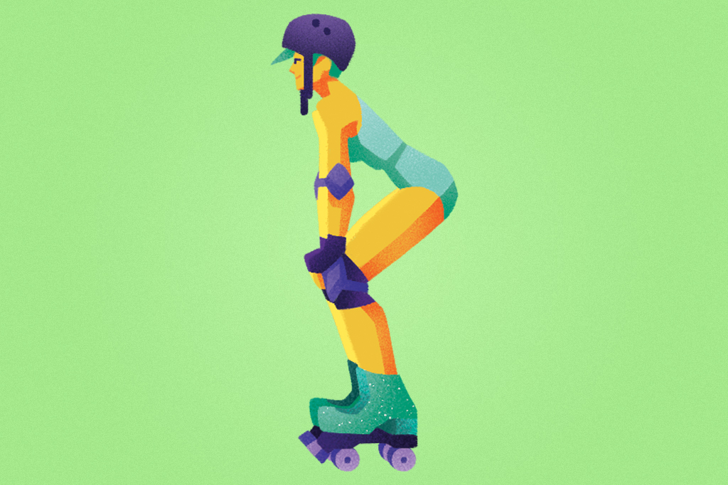 Ilustração, em fundo verde, de uma garota de perfil patinando.