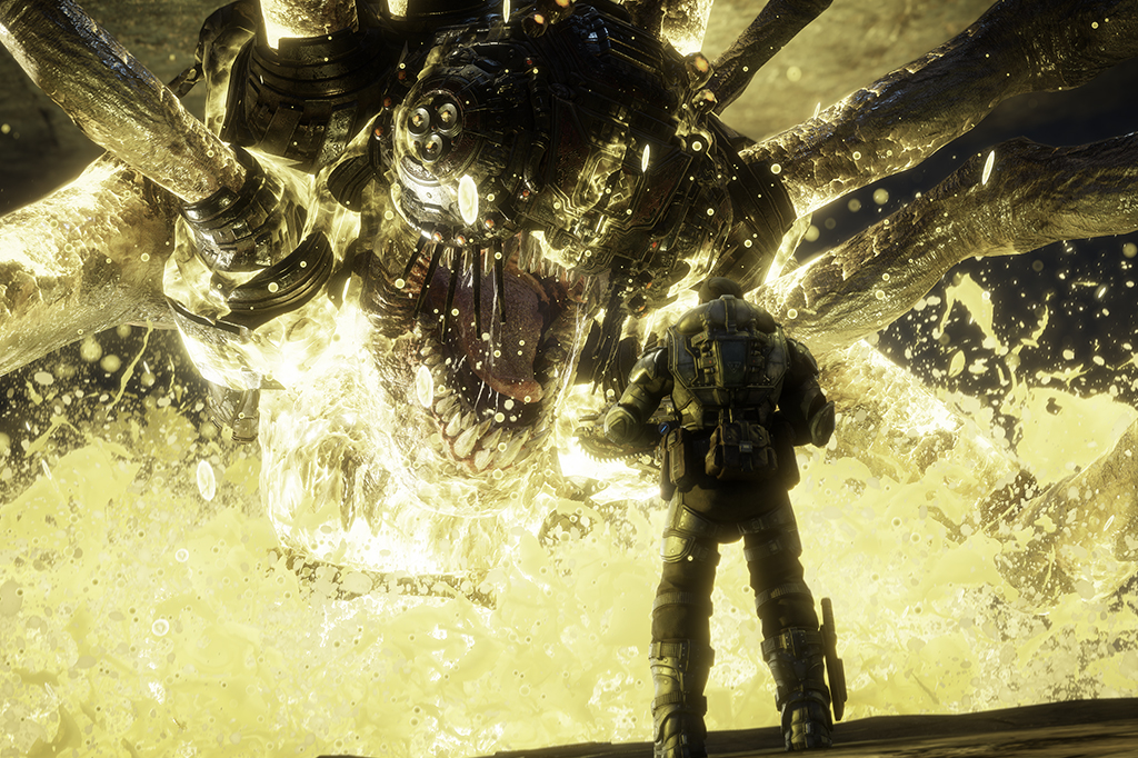 Fotografia das cenas do jogo Gears od War - Reloaded, um soldado de frente para um monstro gigante.