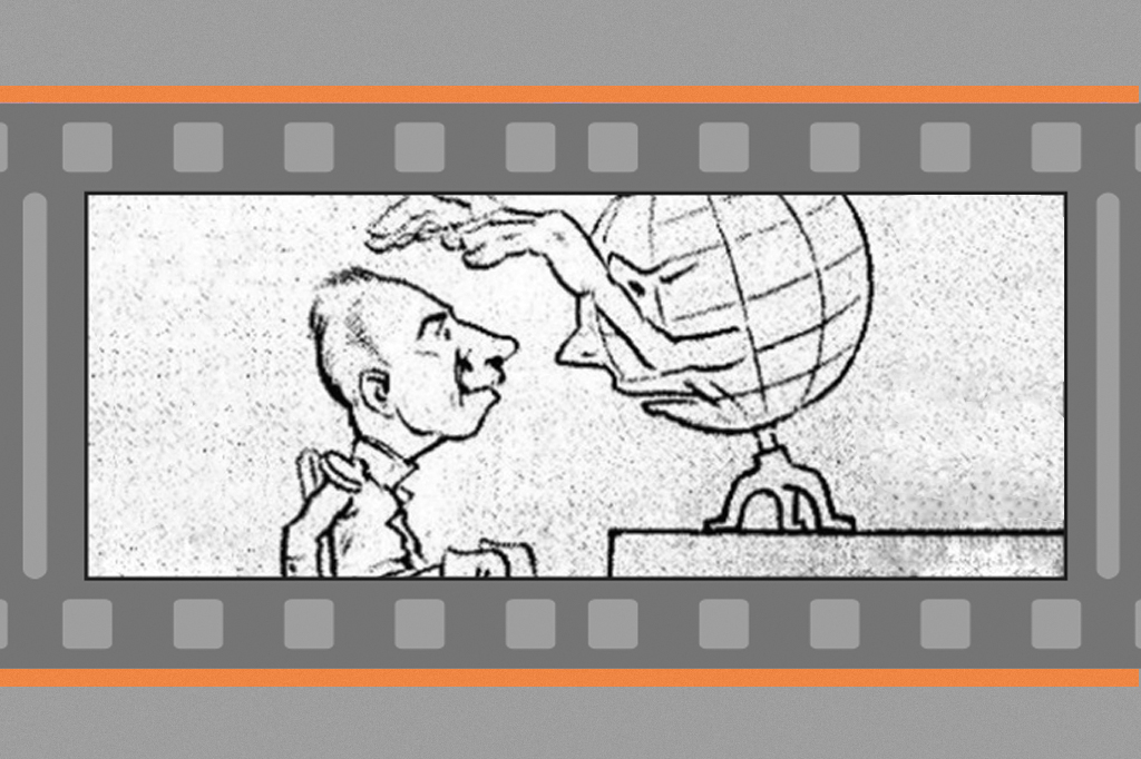 Imagem, em fundo cinza, de uma caricatura de um globo terrestre olhando para um homem. Cena do curta-metragem Kaiser (1917).