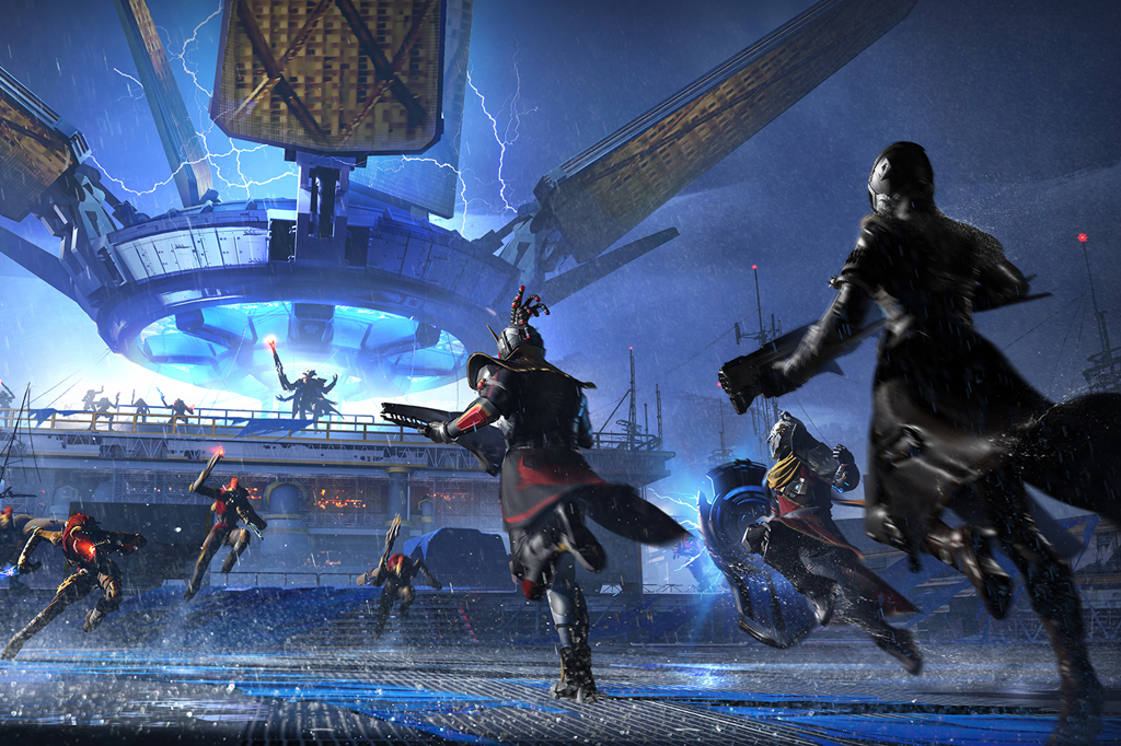 Imagem do jogo Destiny. Guerreiros correm para um ataque ao quartel general inimigo.